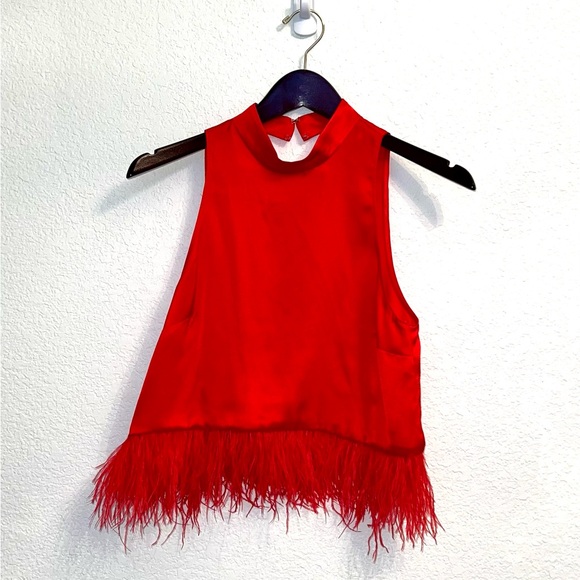 New Amanda Uprichard Delfina Top in Poppy Red with Feathers -XS - Picture 2 of 4